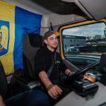 Radu Râță în macara, în drum spre un șantier din Zaventem, Belgia, 2024